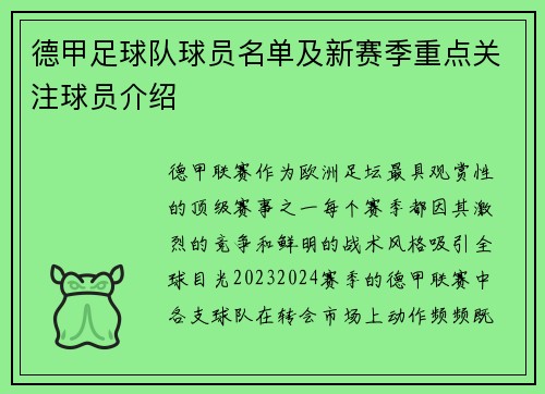 德甲足球队球员名单及新赛季重点关注球员介绍